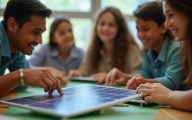 Hands-on learning with a small-scale solar panel model in a classroom setting.
